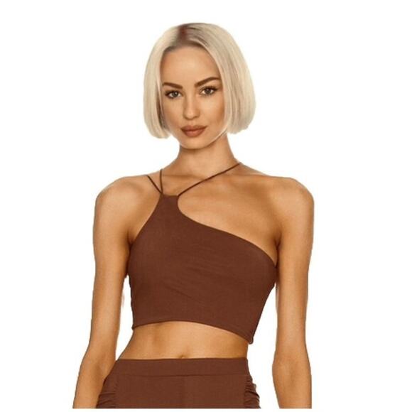 Alix NYC Chocolate Brown Avon Asymmetrical One Shoulder Thin Strap Crop Top S - Picture 1 of 13